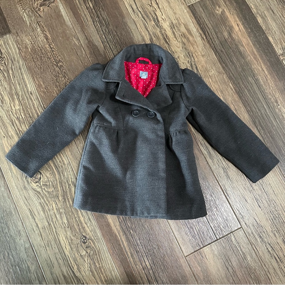 Baby Gap pea coat charcoal Heather gray by hot pink polkadot lined size 5 years